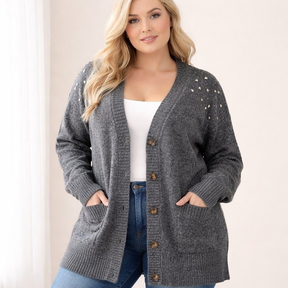 Torrid Studded Shoulder Long Cardigan Gray Button Front NWT Size 0‎ Cozy Sweater